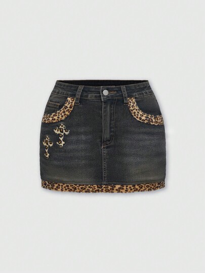 Grunge Punk Jupe courte en jean femme patchwork rétro sexy imprimé léopard Y2K