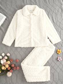2pcs/Set Tween Girl Simple & Fashionable Plush White Solid Color Long Pants & Cardigan Homewear Set, Autumn/Winter - White - View 5