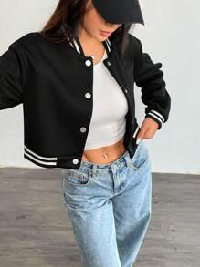 Chiquease Chaqueta de béisbol corta de manga larga a rayas casual de otoño para mujer - Negro - Ver 6
