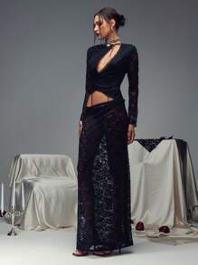 SHEIN Unity 长袖系带蕾丝短款上衣，性感黑色 - 黑色 - 查看 6