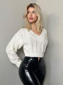 Sweetina Lapel Plunging V-Neck Functional Sporty Oversized White Sweater