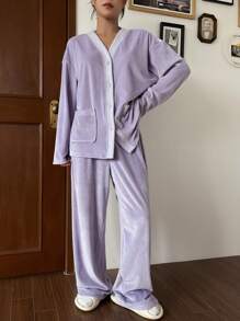 DAZY Minimalist Striped Textured Fleece Lounge Set, Thermal Lined, Fall Winter Clothes, Fluffy Cozy - Purple - View 5
