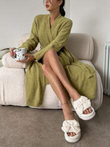 DAZY Simple Casual Drop Shoulder Plush Robe For Daily Wear Pajama - Green - View 4