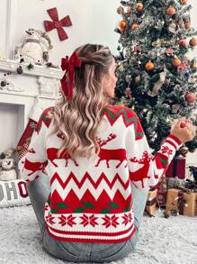 SHEIN LUNE Women's Round Neck Loose Deer Pattern Detail Long Sleeve Casual Sweater, Knit Pullover Fall Winter - Red - View 2