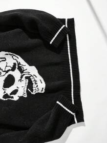 SHEIN TeenBoys 1pc Everyday Comfort Casual College Style Warm Chicken Heart Neck Blue And White Striped American Halloween Skull Jacquard Pattern Warm Sweater Halloween Costume; Back To School Clothes; Fall Outfits; Teen Boy Clothes; Fall Jackets; Fall Outfits Autumn/Winter