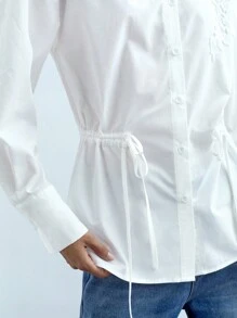 Maija Donna Camicetta Bianca con Bottoni, Applicazioni Ricamate, Chiusura con Fiocco, Maniche Lunghe Tinta Unita, Top Floreale Ampio