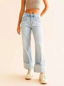 女士前扣口袋简约牛仔裤，休闲日常穿着 - 淺色水洗藍 - 查看 1