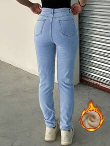 GILIPUR 女士秋冬休闲抓绒斜插口袋水洗修身牛仔裤，圣诞节和情人节新年礼物 - 藍色 - 查看 2