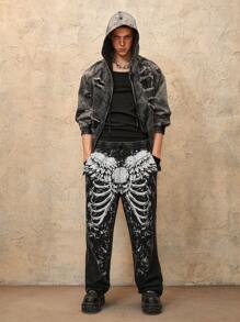 ROMWE MEN Grunge Punk Herren Lässige Jogginghose mit Flügel Muster, Kordel Taille, Taschen und weitem Bein - Schwarz - Übersicht 3