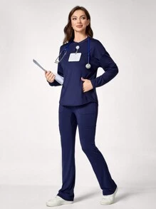 TaskEZ 1 Set Front Button Closure Long Sleeve Shirt And Drawstring Waist Pants Nursing Scrub Uniform Set - Navy Blue - View 3