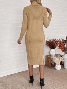 Chiquease 女士秋季纯色高领长袖宽松套头毛衣连衣裙 - 咖啡棕 - 查看 2