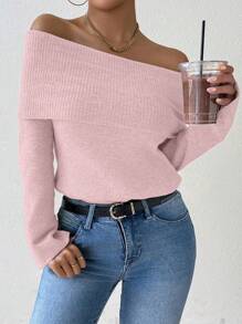 SHEIN Unity New Arrival Autumn/Winter Fashionable Solid Color Foldover Off Shoulder Sweater Top Knit Pullover Fall - Baby Pink - View 8