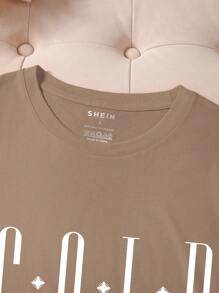 INAWLY 女士字母印花圆领短袖休闲 T 恤图案 T 恤女式上衣 - 摩卡棕 - 查看 3