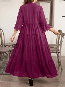 SHEIN LUNE Vestido casual de línea A hasta los tobillos de tejido con escote entallado para tallas grandes para el verano - Rojo violeta - Ver 2