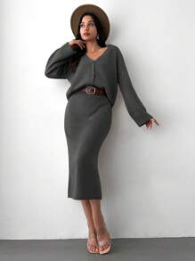 EURMUSE Women's Solid Color Knitted Sweater 2pcs/set - Dark Grey - View 2