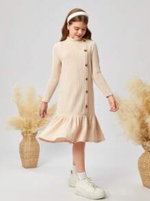 SHEIN Tween Girl 休闲罗纹高领拼布荷叶边下摆纽扣装饰中长连衣裙，杏色 - 适合居家、户外和学校穿着 - 杏色 - 查看 3