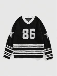 ROMWE MEN Street Life Herren einfarbiger V-Ausschnitt Pullover mit Patchwork-Design, Lässig Langarm