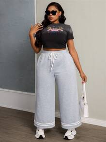 Slaydiva Damen Große Größen 2024 Neue gestreifte Sweathose mit Tunnelzug Taille und geradem Bein, Lässig