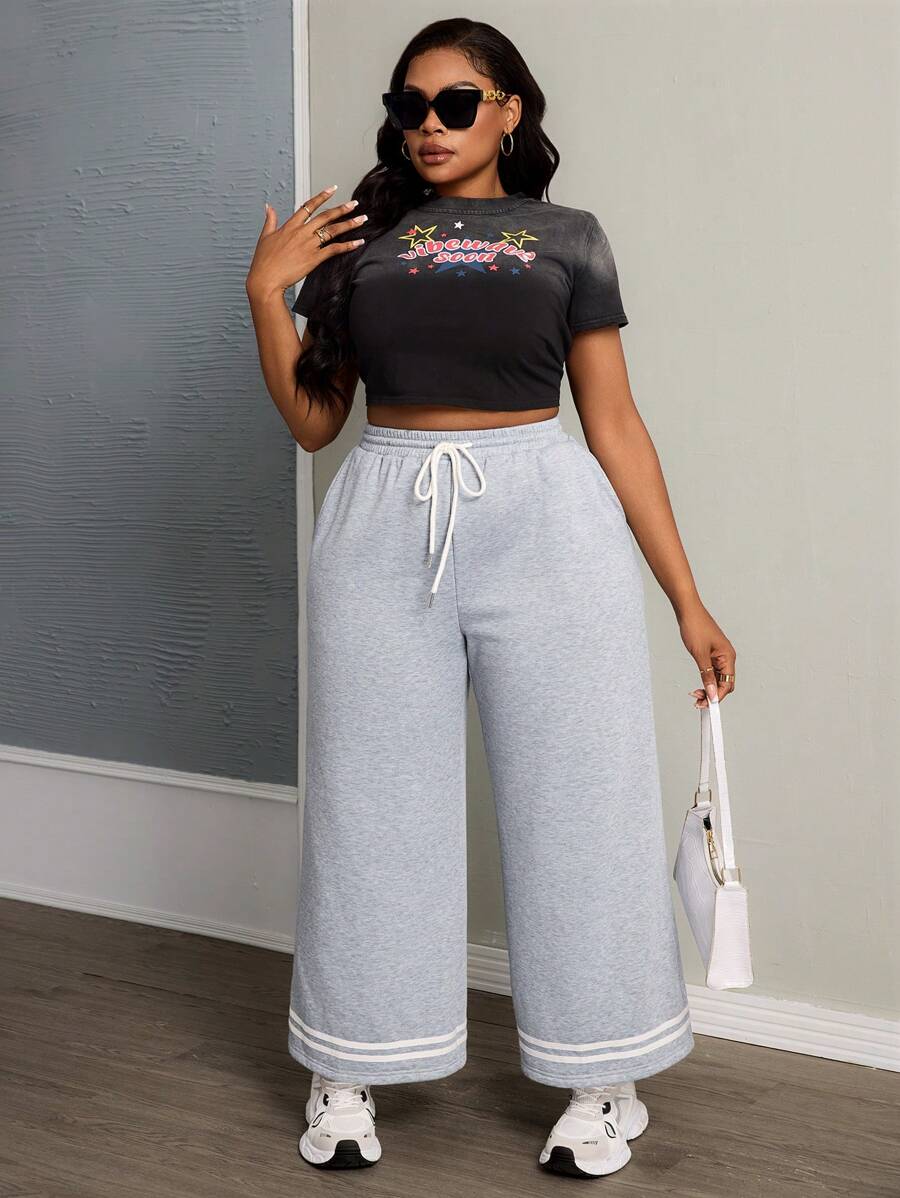 Slaydiva Damen Große Größen 2024 Neue gestreifte Sweathose mit Tunnelzug Taille und geradem Bein, Lässig