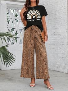 SHEIN LUNE 2 件套日常休闲针织圆领短袖上衣和圆点图案裤子 - 黑色 - 查看 4