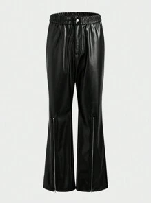 Manfinity VCAY 大码男士宽松 PU 皮革拉链休闲裤 - 黑色 - 查看 1