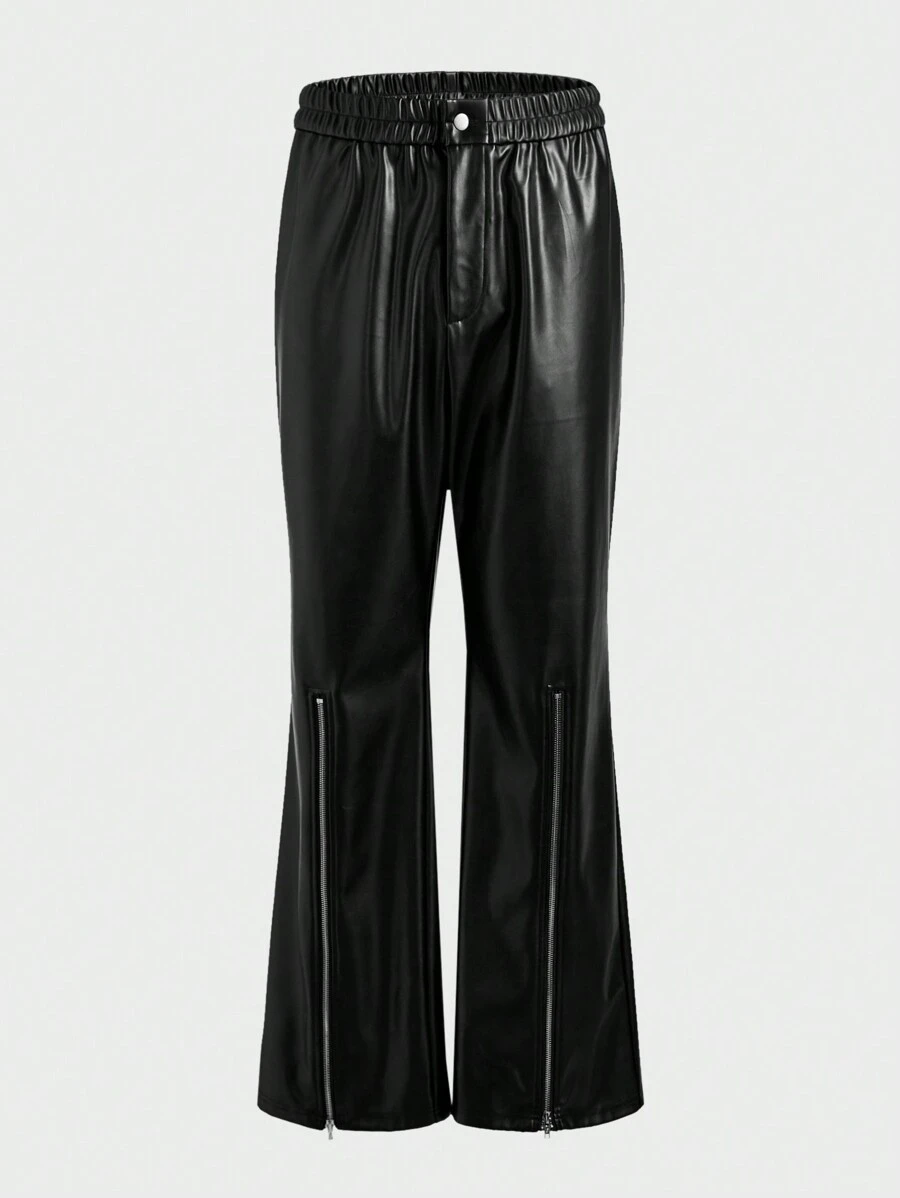 Manfinity VCAY 大码男士宽松 PU 皮革拉链休闲裤 - 黑色 - 查看 1