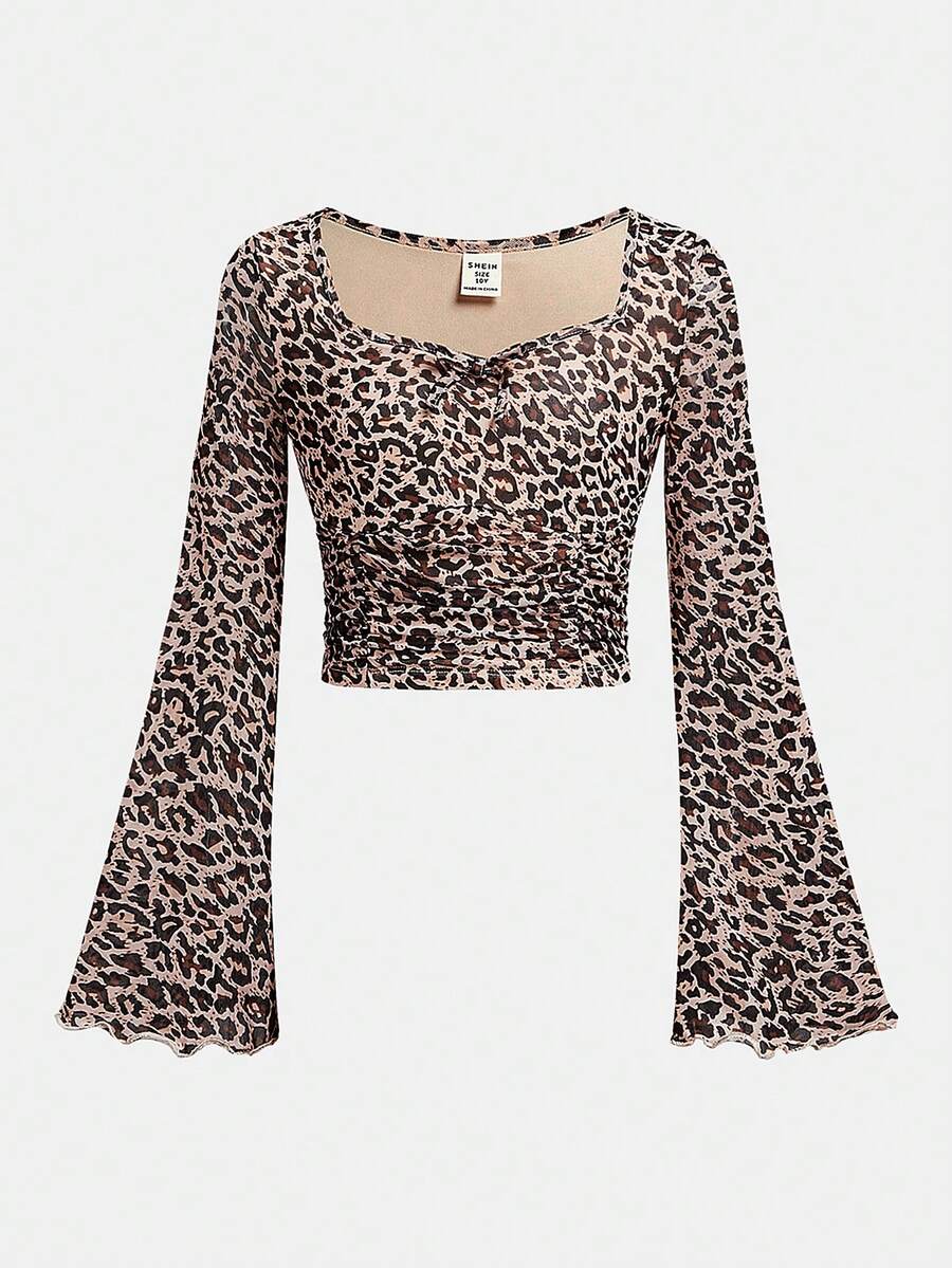 SHEIN Girlism Tween Girls Mock Neck, Ruched Waist, Peplum Sleeve, Leopard Print T-Shirt - Khaki - View 1
