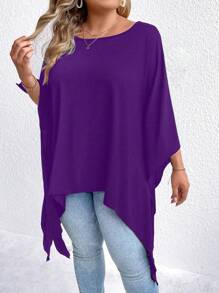 SHEIN Clasi Áo thun rộng cổ tròn màu trơn cỡ lớn, không đối xứng, mùa thu/hè - Màu tím - Xem 3