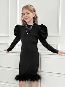 Robe de fête élégante pour jeunes filles avec col châle, manches gigot, panneaux tricotés et garniture moelleuse, pour Noël - Noir - Voir 2