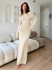 Aloruh Váy len dài cổ lọ trễ vai cho nữ, Thu/Đông - Màu be - Xem 4