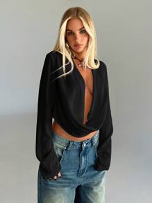 Aloruh Vintage Y2K Grunge Distressed Crop Collar Long Sleeve Shirt For Women