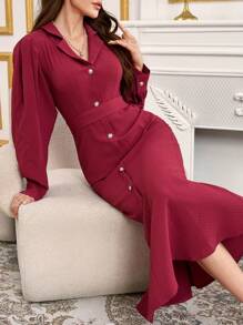 Modelyn Váy dài họa tiết tổ ong thắt eo viền đuôi cá cho nữ, Đầm dạ hội dài phong cách thanh lịch - Màu đỏ tím - Xem 6