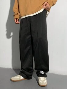 青少年男孩直筒运动裤，拼接设计，简约日常穿着，保暖内衬，适合秋冬季 - 黑色 - 查看 3