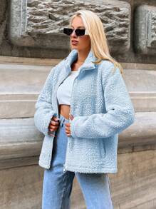 EURMUSE Ladies' Solid Color Zip-up Plush Jacket - Baby Blue - View 4