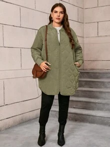 SHEIN LUNE Plus Size Casual Zippered Stójka Pikowana Watowana Kurtka, Kurtka Jesień/Zima i Parkas Lekka, Pakowalna Kurtka Puchowa Z Długim Rękawem Wodoodporna Kurtka - Wojskowa Zieleń - Zobacz 4