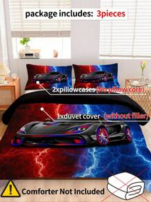 3pcs Racing Car Design Bedding Set, Comfortable Bed Linen, 1 Duvet Cover + 2 Pillowcases, Made Of Skin-Friendly 100% Polyester Fiber & Polyester Fabric, No Filling, Suitable For All Seasons, Bedroom And Dorm Use, Travel - Multicolor - View 2