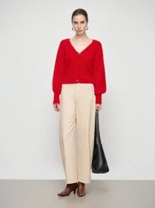 SHEIN LUNE Women's Solid Color Single-Breasted Fitted Lantern Sleeve Cardigan Sweater, Autumn/Winter Fall Cloth For Women - Red - View 5