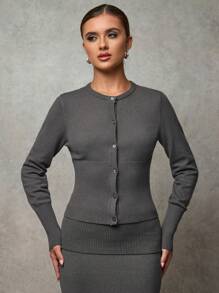 SHEIN BAE Cárdigan de mujer, suave y cálido, con botones decorativos en gris, adecuado para el Día de Acción de Gracias, Halloween, Navidad, oficina, escuela, citas, fiestas, uso casual - Gris - Ver 4