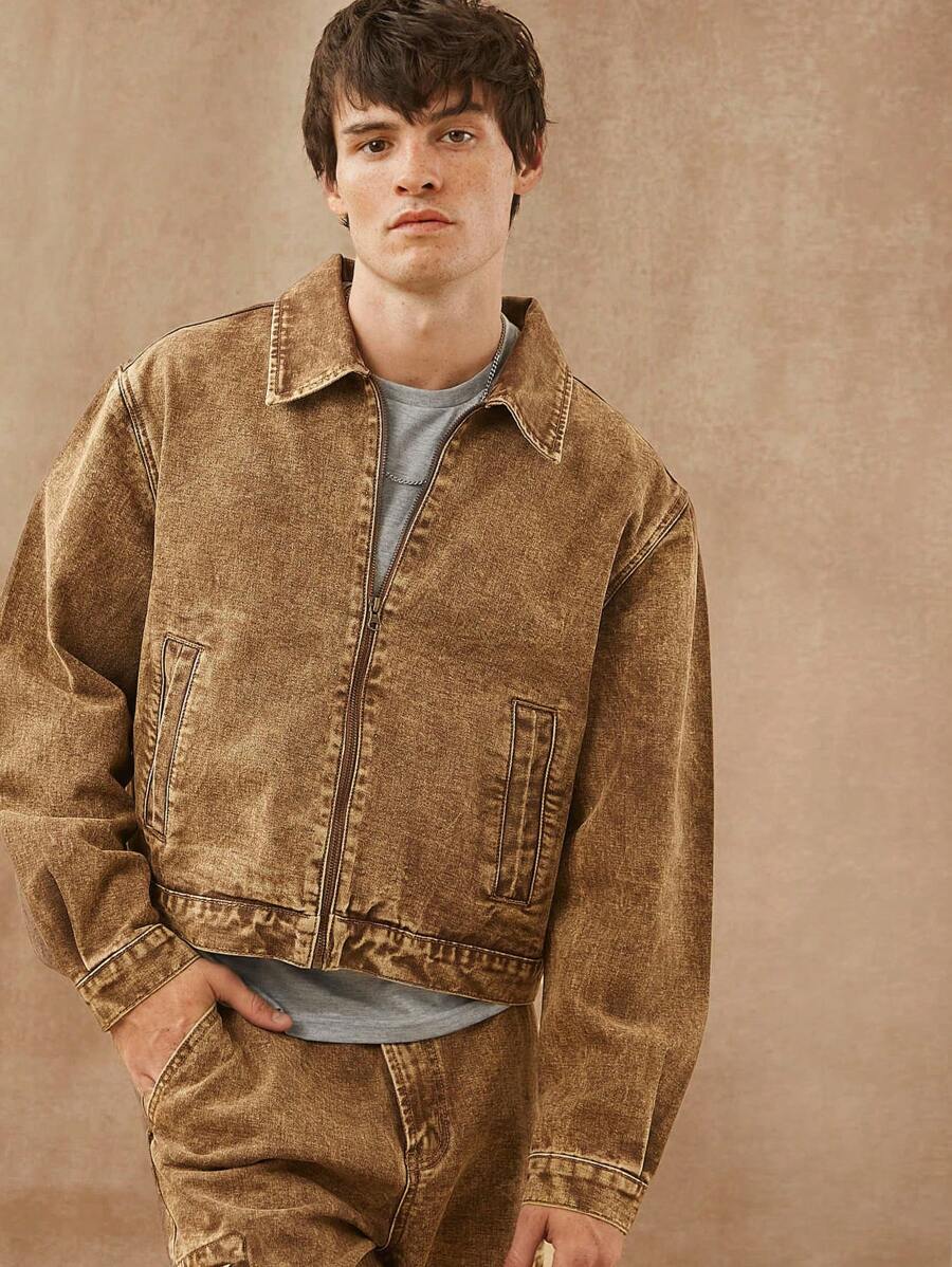 Manfinity NXTstreet Men Premium Cotton Zip Up Denim Jacket, Christmas - Brown - View 1