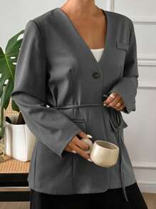 Livesso Plain Loose Pocket Batwing Sleeve Belted Women Blazer Jacket