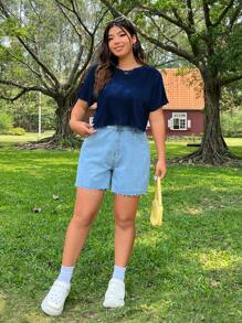 SHEIN EZwear Plus Size Solid Crew Neck Ribbed Knit Short Sleeve T-Shirt