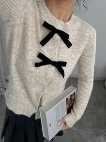 Women's Bow Decor Front Button Casual Versatile Long Sleeve Cardigan - Apricot - View 6