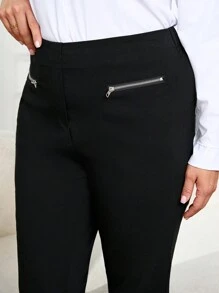 Pantalones elegantes de oficina de pierna recta con cremallera y unicolor para mujer de talla grande - Negro - Ver 3