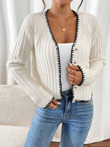 SHEIN Frenchy Áo khoác cardigan nữ tay dài, phối màu nổi bật, cài cúc phía trước, kiểu dáng cơ bản, thích hợp cho mùa Thu, Lễ Tạ ơn và mùa Đông. - Đen và trắng - Xem 6