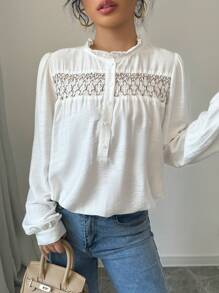 Chiquease Áo sơ mi dài tay rộng phối ren viền bèo màu trơn cho nữ, áo cánh thanh lịch cho mùa thu - Màu be - Xem 4