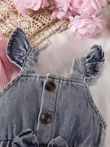 SHEIN 1 套女婴纯色圆领长袖罗纹 T 恤和心形印花工装裤休闲装，秋季