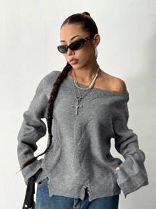 SHEIN Unity 女士秋冬纯色落肩长袖宽松休闲毛衣 - 灰色 - 查看 3