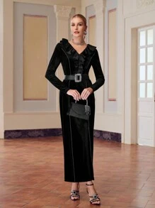 ZEYLAH VELVET V-NECK RUFFLE TRIM CONTRAST PIPING SPLIT THIGH LONG DRESS WITHOUT BELT