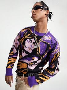 Manfinity Hypemode Sweater Rajut Longgar Lengan Panjang Leher Bulat Warna-warni Motif Karakter Kasual Pria, Cocok untuk Musim Gugur/Dingin, untuk Acara Keluar Rumah - MultiWarna - View 4
