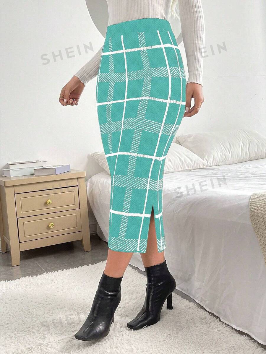 Chiquease Falda recta de punto jacquard a rayas a cuadros para mujer